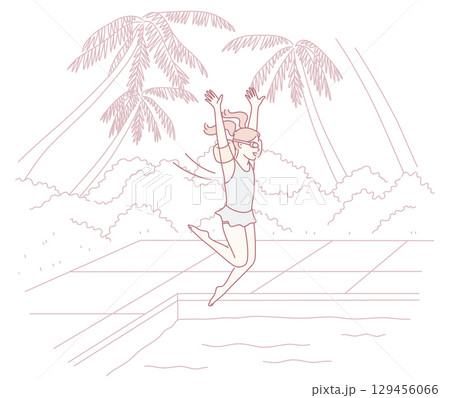 A Joyful Girl Excitedly Jumping into a Refreshing Pool at a Beautiful Tropical Paradise 129456066