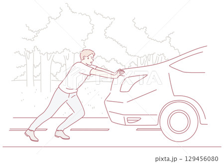 A Man Strenuously Pushing a Stalled Car on the Side of the Road During a Busy Day A Man Strenuously Pushing a Stalled Car on the Side of the Road During a Busy Day 129456080