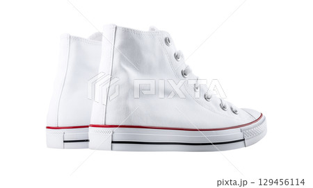 A pair of classic white high-top sneakers for back to school and casual fashion A pair of classic white high-top sneakers for back to school and casual fashion 129456114