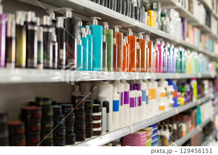Assortment of hair care products in cosmetics store 129456151