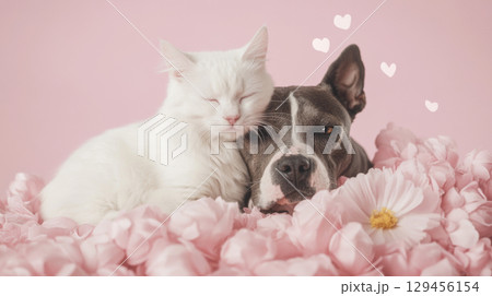 St Valentines Day postcard, Cat and dog hugging each other on color background with drawn hearts 129456154