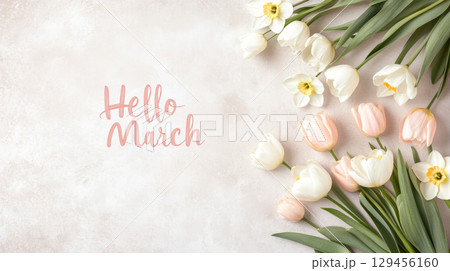 Pink tulips and bokeh light background with hello march text for spring 129456160