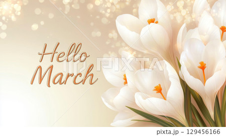 White crocus flowers with Hello March text and bokeh background 129456166