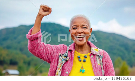 Black mature woman outdoors with raised fist of empowerment, strength and women solidarity, International Womens Day, Black History Month concept 129456168