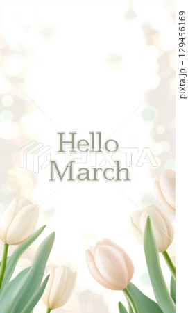 Pink tulips and bokeh light background with hello march text for spring Pink tulips and bokeh light background with hello march text for spring 129456169