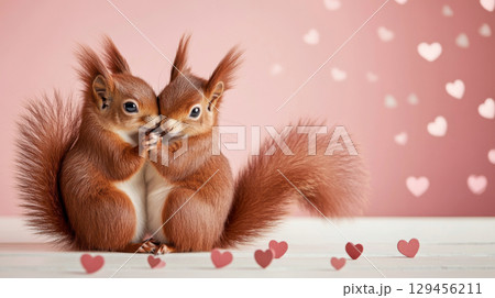 Two squirrels hugging with heart shapes on pink background, St Valentines Day postcard 129456211