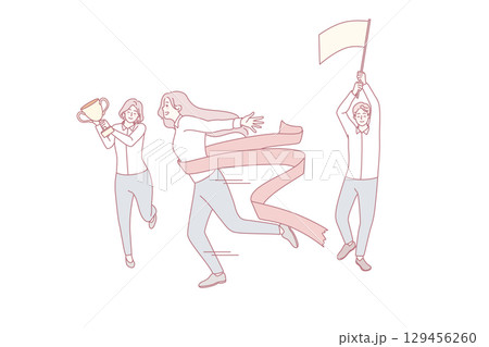 Motivated female employee cross finish line 129456260