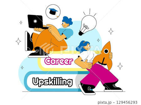 Career Upskilling Illustration featuring Self Improvement with Mentorship, Upskill, Development Strategies, and Smart Thinking in a Background 129456293