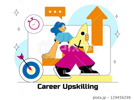 Career Upskilling Illustration featuring Self Improvement with Mentorship, Upskill, Development Strategies, and Smart Thinking in a Background 129456299