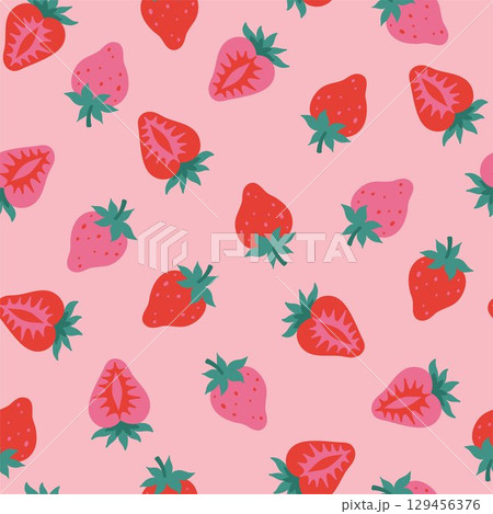 Pink seamless pattern with strawberries and strawberry halves. Vector graphics. Pink seamless pattern with strawberries and strawberry halves. Vector graphics. 129456376