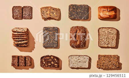 An assortment of diet breads including seed loaf on beige background 129456511