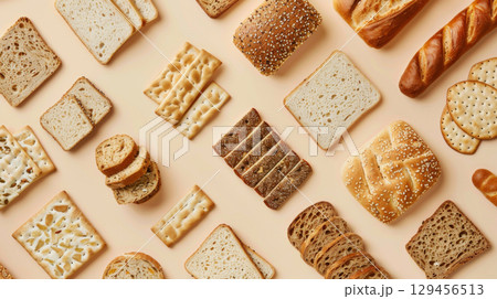 Assortment of diet breads including seed loaf on neutral background 129456513