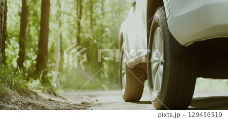 Blurred motion of car wheel during high-speed travel on road 129456519