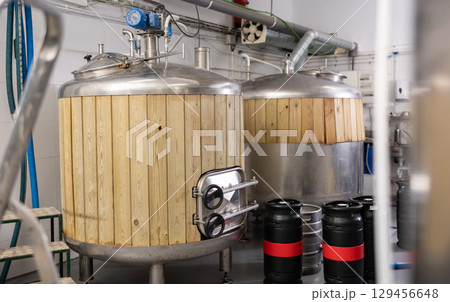 Tanks for the storage and fermentation of beer in beer factory Tanks for the storage and fermentation of beer in beer factory 129456648