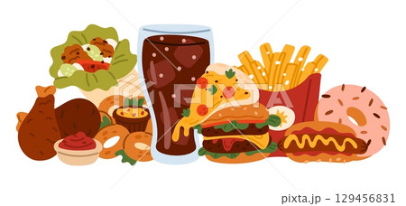 Appetizing array of fast food. Lunch eating. American cuisine. Burger with potato fries. Soda glass. Takeaway snack. Hotdog and shawarma. Chicken legs with sauce. Vector fastfood concept Appetizing array of fast food. Lunch eating. American cuisine. Burger with potato fries. Soda glass. Takeaway snack. Hotdog and shawarma. Chicken legs with sauce. Vector fastfood concept 129456831