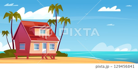 Beach hut or bungalow on stilts on sandy beach near ocean. House by sea. Tropical island with summer cottage and palms. Seashore building. Summertime travel. Vector paradise scenery 129456841