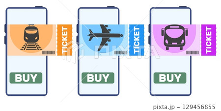Cell phones with online applications to buy airplane, train and bus travel tickets. Passenger boarding entry label. Mobile app. Transportation coupons sale. Vector smartphone screens set 129456855