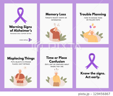 World Alzheimer Day social media post set with warning signs like memory loss, confusion, misplacing items. Concept of early detection, awareness, senior care. Poster template for social media vector. 129456867