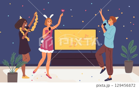 Fun group of cheerful friends singing songs into microphone at party. Happy people dancing together. Joyful singers at TV. Birthday celebration. Festive entertainment. Vector concept 129456872
