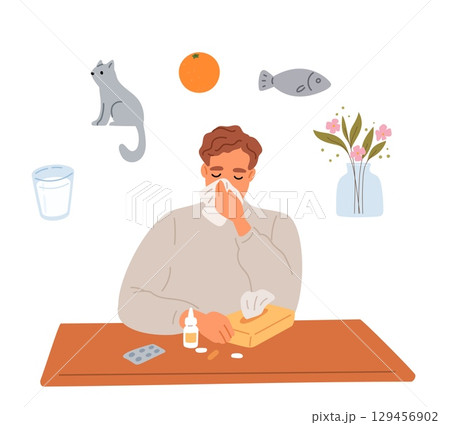 Man suffers from allergies to pollen, cat hair, citrus fruits, milk and fish. Reaction to food allergens. Medical treatment. Sneezing and runny nose. Patients symptom. Vector concept 129456902