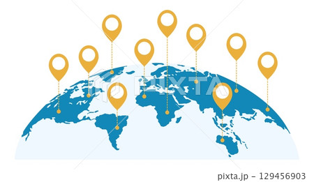 Map of Earths continents with gold geo tagged locations. Navigation pins. International connection. Global network. Worldwide communication technology. Travel destinations. Vector concept 129456903