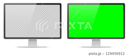 Realistic monitor mockup with transparent and green color plasma screen for advertisement or design. PC display. Modern computer front view. Electrical equipment. Vector 3D objects set 129456912