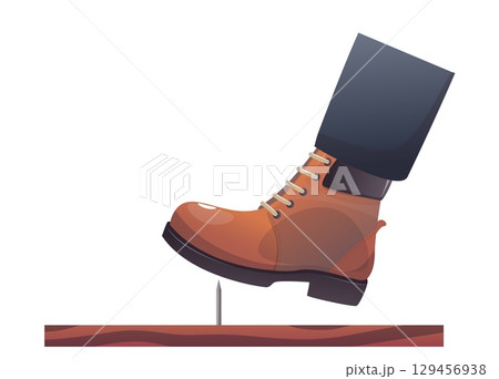Shoe stepping on sharp nail sticking out of board. Harmful accident. Unexpected injury. Metal spike at footwear sole. Pierce foot boot. Careless inconsiderate walking. Vector concept 129456938