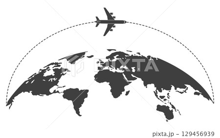 Silhouette of airplane flying on dotted line across continents and countries. Plane traffic. Global communication. International flight. Earth planet. Airline navigation pin. Vector concept 129456939