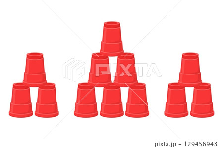 Sport stacking red plastic cups into pyramids. Game of speed and accuracy. Cups row pile for shot competition. Booze challenge. Fast gaming race. Ping pong tournament. Vector mug piles set Sport stacking red plastic cups into pyramids. Game of speed and accuracy. Cups row pile for shot competition. Booze challenge. Fast gaming race. Ping pong tournament. Vector mug piles set 129456943