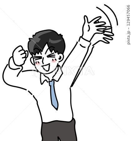 手を振ってはしゃぐ若手社員のベクターイラスト 手を振ってはしゃぐ若手社員のベクターイラスト 129457066
