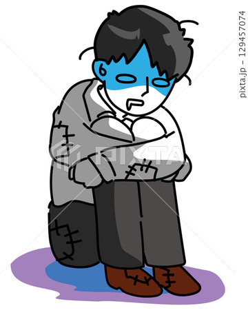 力尽きて絶望し体育座りする若いサラリーマンのベクターイラスト 129457074