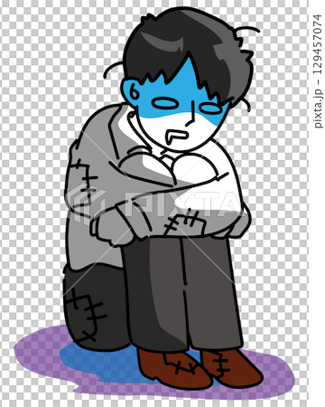 向量圖上是一位精疲力竭、絕望地坐在地板上的年輕上班族 向量圖上是一位精疲力竭、絕望地坐在地板上的年輕上班族 129457074