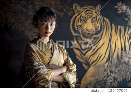 金色の虎の絵の前の着物を着た女性 金色の虎の絵の前の着物を着た女性 129457095