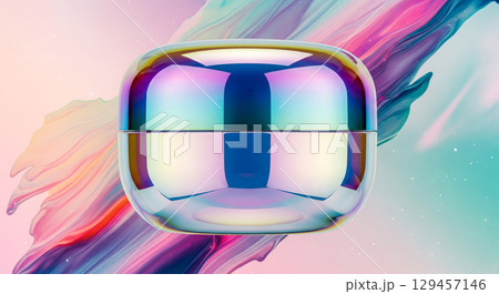 Cosmetic product mockup of holographic cream jar on abstract background, blank beauty packaging template for skincare branding or luxury face cream advertising display Cosmetic product mockup of holographic cream jar on abstract background, blank beauty packaging template for skincare branding or luxury face cream advertising display 129457146