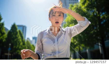Climate change concept with shocked asian woman suffering from heatwave in city, exhausted businesswoman sweating in hot summer weather for global warming theme background Climate change concept with shocked asian woman suffering from heatwave in city, exhausted businesswoman sweating in hot summer weather for global warming theme background 129457157