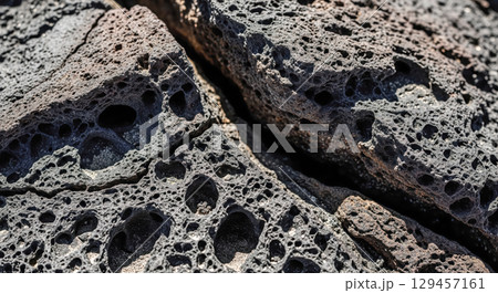 Abstract texture background showing closeup of dark volcanic rock with crack, geology concept with porous lava stone surface for wallpaper or design element 129457161