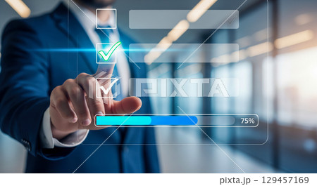 Business technology concept with manager in suit touching virtual screen, professional man using digital checklist for project management and quality control on futuristic interface Business technology concept with manager in suit touching virtual screen, professional man using digital checklist for project management and quality control on futuristic interface 129457169
