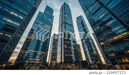 Modern cityscape background showing tall glass skyscrapers in financial district, low angle view of contemporary office buildings at dusk for corporate business concept Modern cityscape background showing tall glass skyscrapers in financial district, low angle view of contemporary office buildings at dusk for corporate business concept 129457173