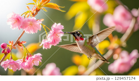 Wildlife nature background showing beautiful hummingbird feeding on pink cherry blossom, colorful small bird with wings in motion flying near spring flowers in garden 129457174