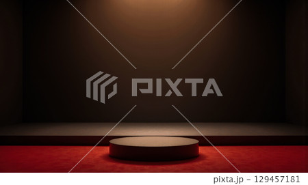 Elegant dark stage with warm light spotlight on red carpet for product display in minimalistic room background 129457181