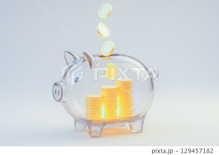 Clear piggy bank filled with golden coins on light background, concept of family savings, financial education, kids banking, moneybox 129457182
