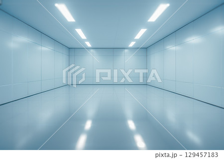 Wide futuristic office space with blue walls and polished floor, empty modern interior background for business design, innovation, presentation, digital workspace 129457183