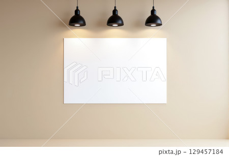 Empty canvas on brown wall under three black pendant lamps in stylish office interior with wood floor, suitable for company branding presentation 129457184