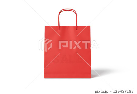 Bright red promotional paper bag used during seasonal sale or discount events perfect for retail store branding and fashion shop advertising visuals 129457185