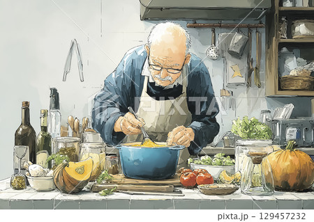 秋の料理イベントでかぼちゃスープを作る高齢男性 129457232