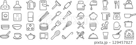 ベクターでモノクロのキッチンツールに関する線画アイコンセット 129457827