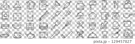 關於廚房用具的向量單色線圖示集 129457827