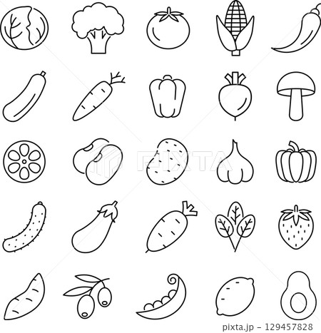 ベクターでモノクロの野菜に関する線画アイコンセット 129457828