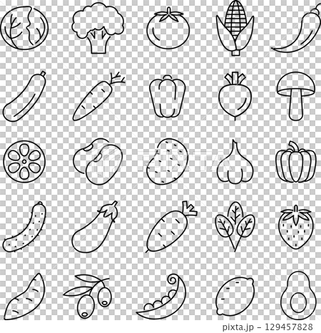 ベクターでモノクロの野菜に関する線画アイコンセット 129457828