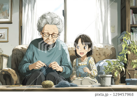 孫と編み物をする高齢者 129457968